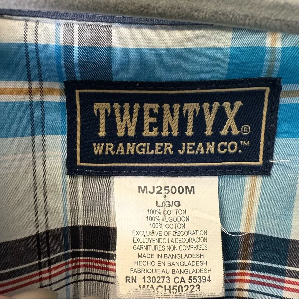 Wrangler TwentyX Mens Blue White Plaid‎ Cotton Dress Shirt Western Button Down L